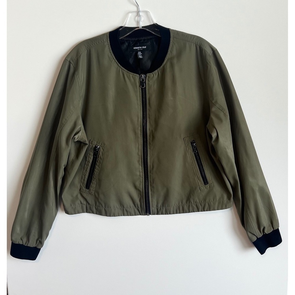 Kenneth Cole New York Womens Olive Green Bomber Jacket XL Full Zip Cropped
